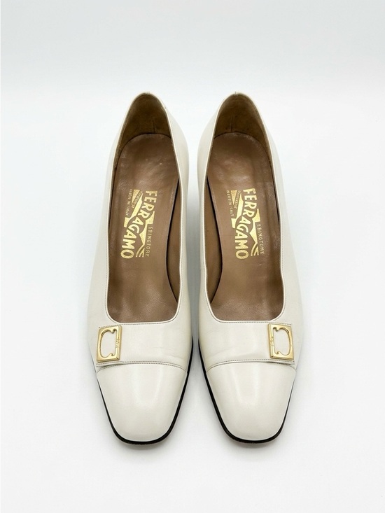 Salvatore Ferragamo Shoes - Salvatore Ferragamo Square Toe Block Heel Leather Pump White 9 AAA
